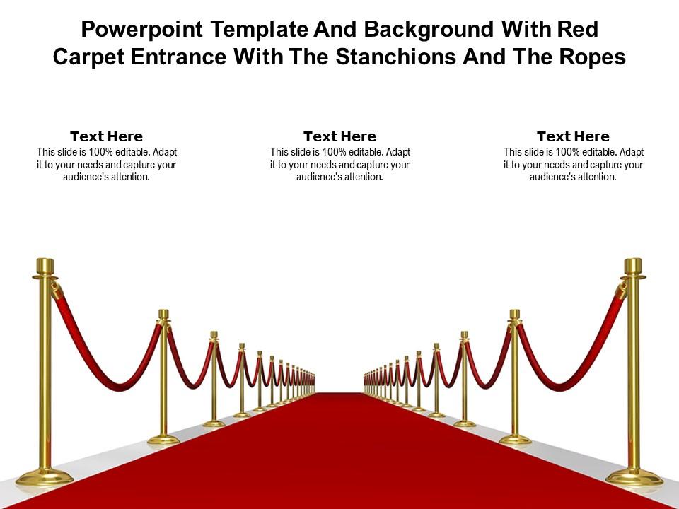 Powerpoint template and background with red carpet entrance with the stanchions and the ropes