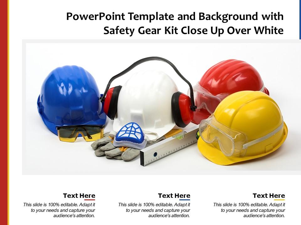 Powerpoint template and background with safety gear kit close up over white Slide01