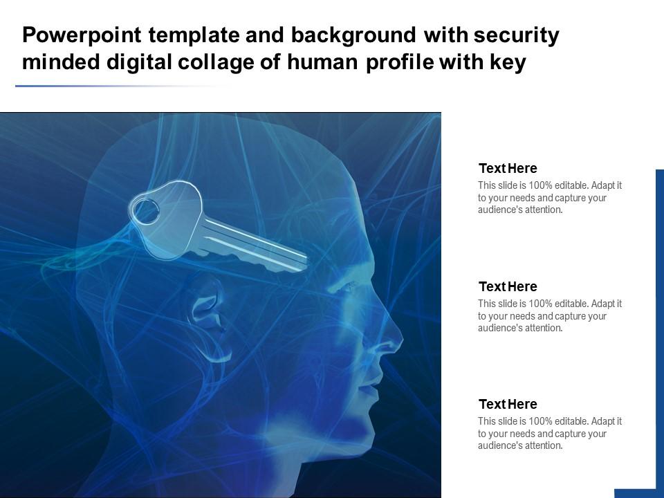 Powerpoint template and background with security minded digital collage of human profile with key Slide00