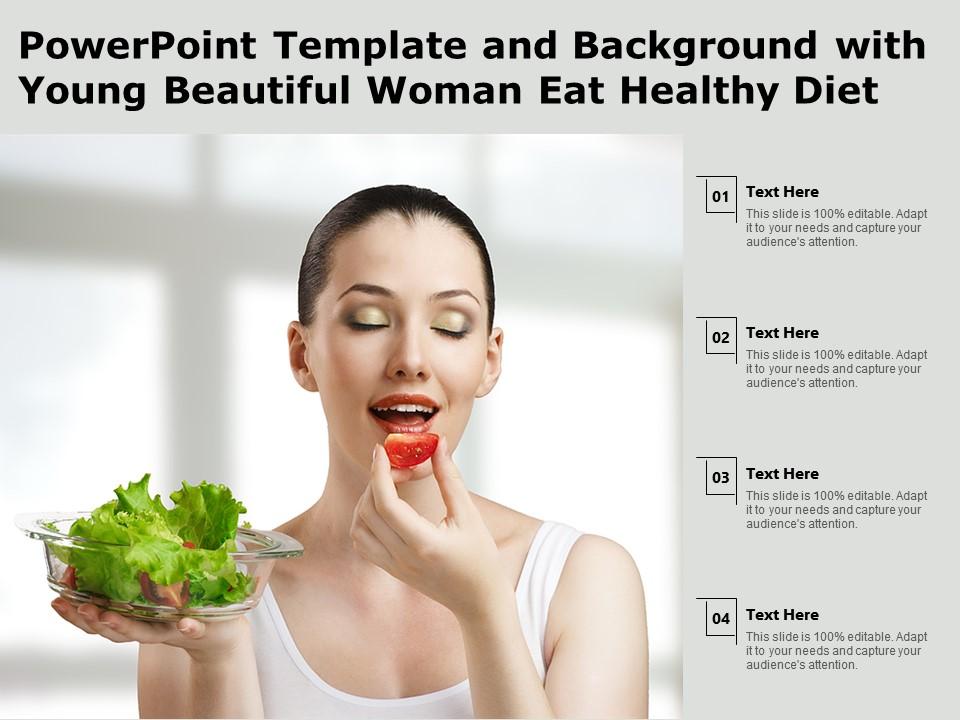 Powerpoint template and background with young beautiful woman eat healthy diet