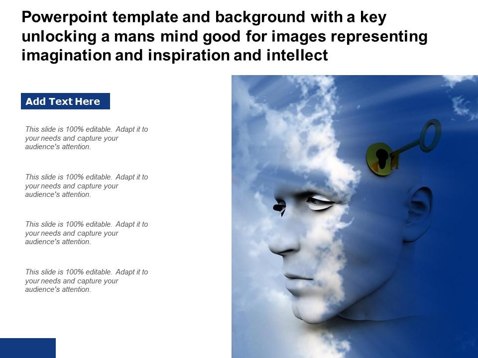 Powerpoint template with a key unlocking a humans mind for imagination inspiration and intellect Slide01