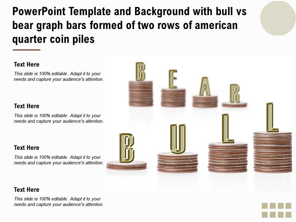 Powerpoint template with bull vs bear graph bars formed of two rows of american quarter coin piles