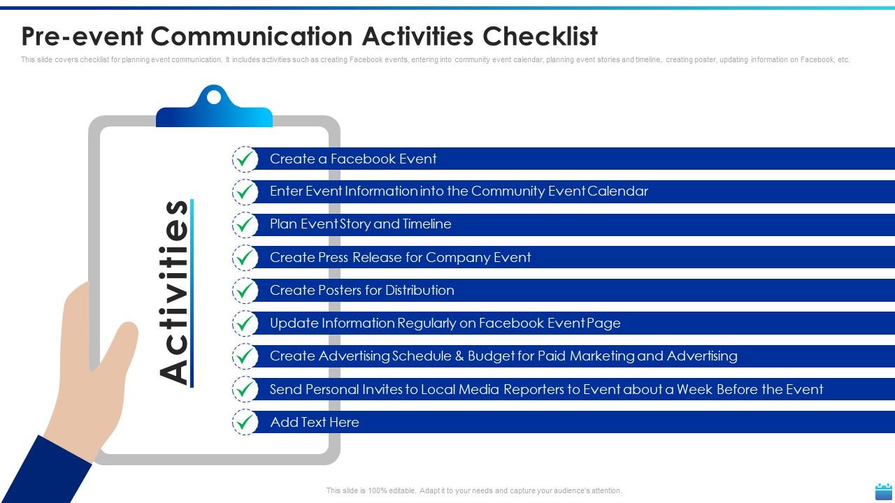 Pre Event Communication Activities Checklist Corporate Event