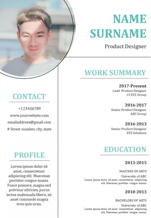 Product designer resume sample format with profile details Slide01