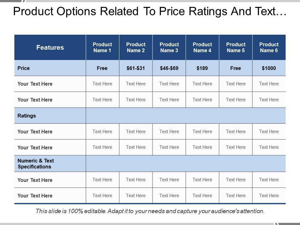 Product options related to price ratings and text specifications Slide00