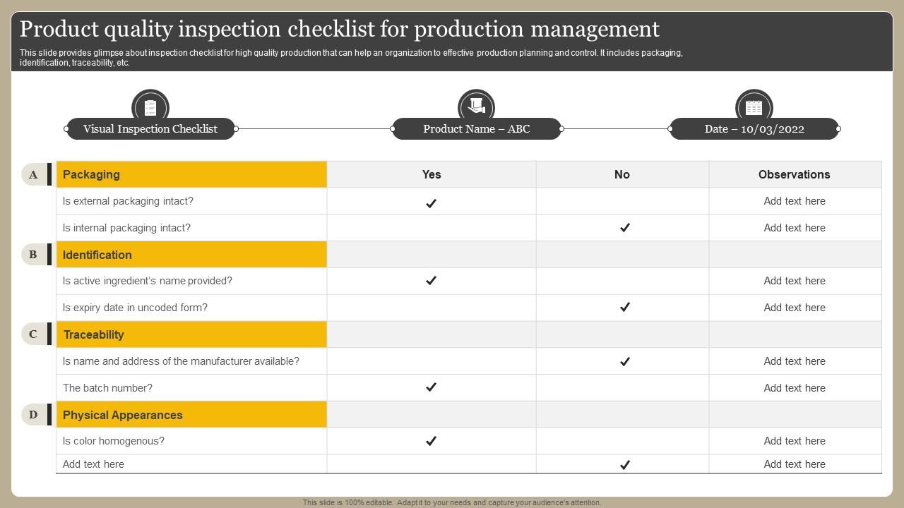 Product Quality Inspection Checklist For Production Management