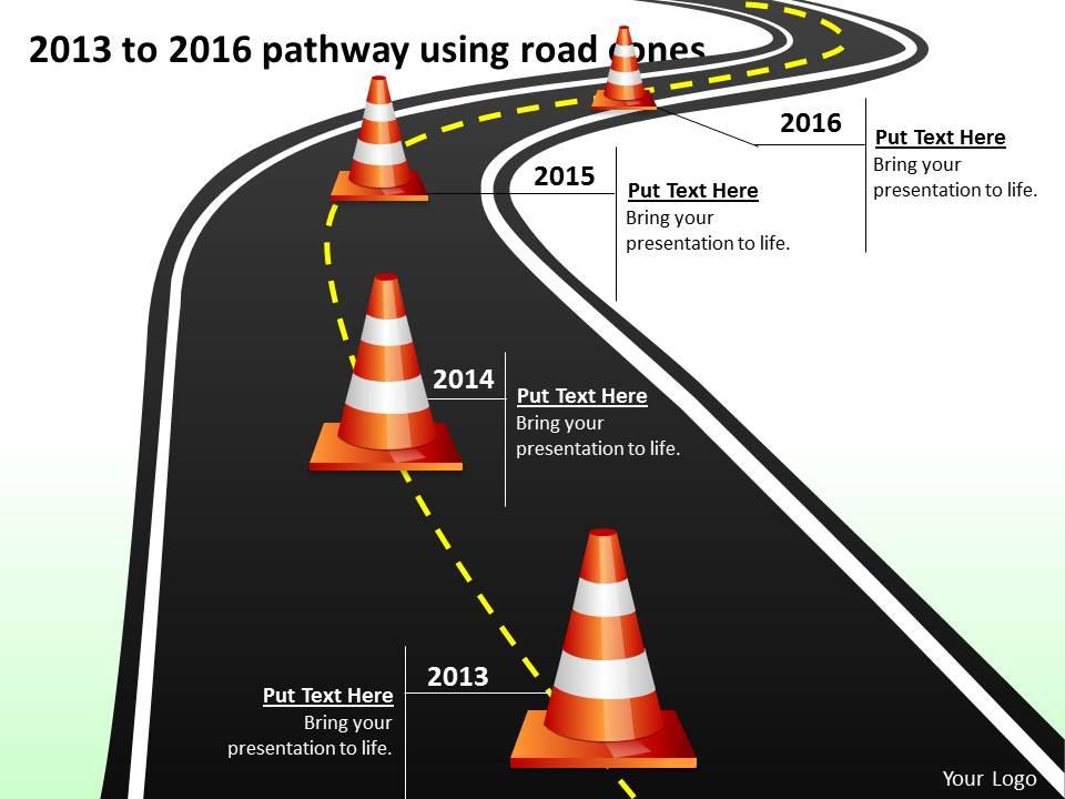 Product roadmap timeline 2013 to 2016 pathway using road cones powerpoint templates slides Slide01