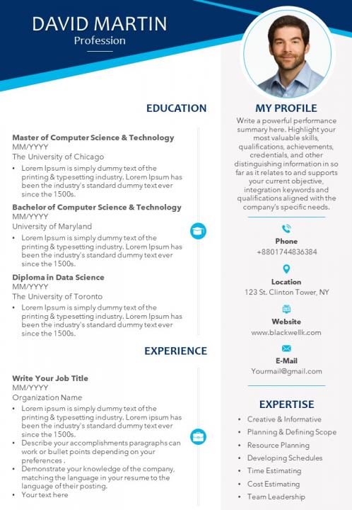 Professional cv template with educational details and professional skills Slide01