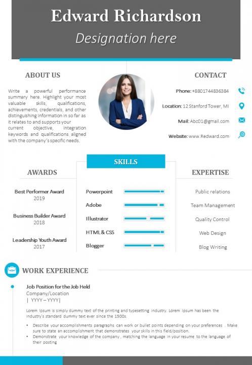 Professional resume cv template with rewards skills and expertise Slide01