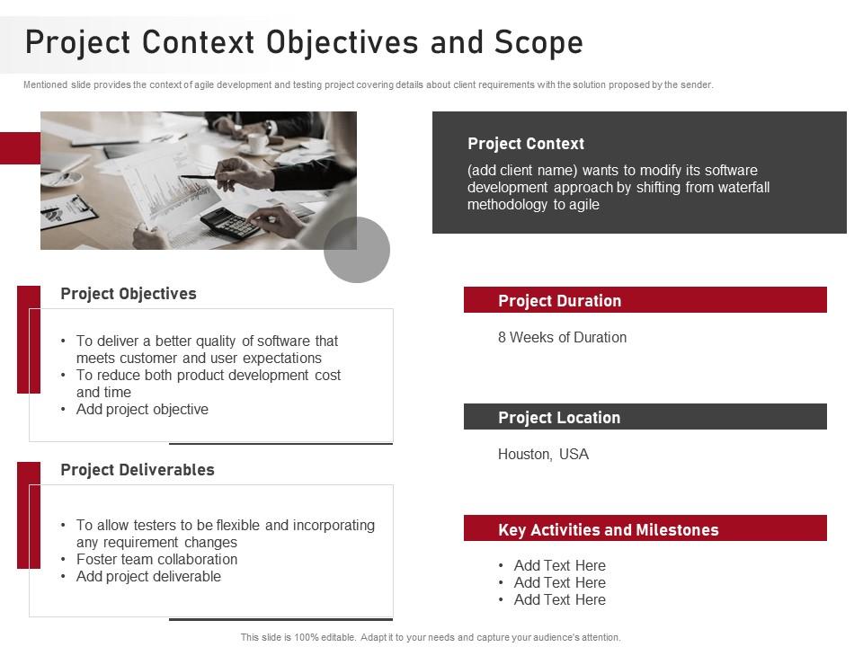 Project context objectives and scope proposal agile development testing it ppt files