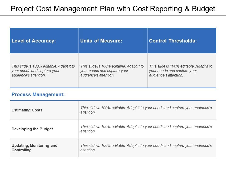 Project cost management plan with cost reporting and budget Slide01
