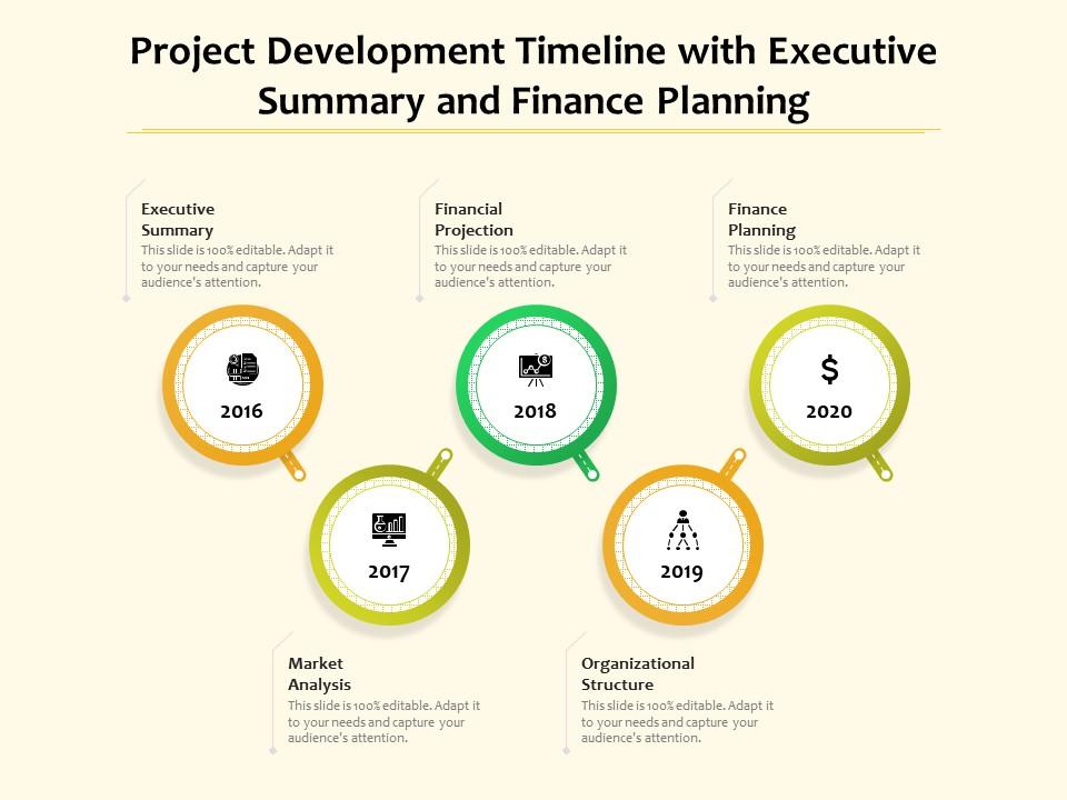 Project development timeline with executive summary and finance planning Slide00