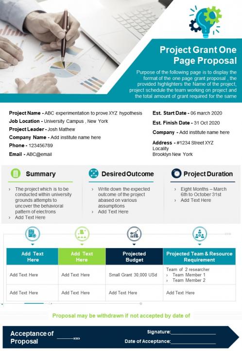 Project grant one page proposal presentation report infographic ppt pdf document Slide01