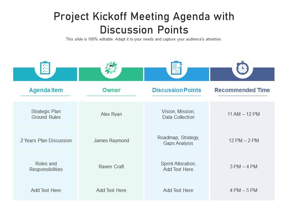 Project Kickoff Meeting Agenda With Discussion Points Presentation