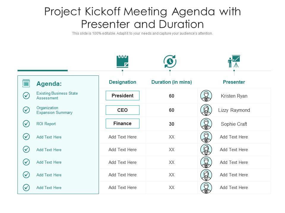 Project Kickoff Meeting Agenda With Presenter And Duration Presentation Graphics Presentation Powerpoint Example Slide Templates