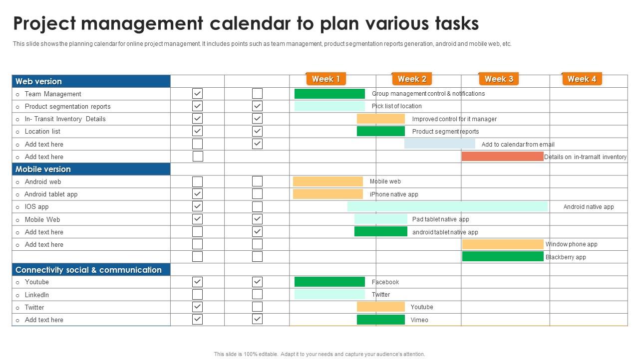 Project Management Calendar To Plan Various Tasks
