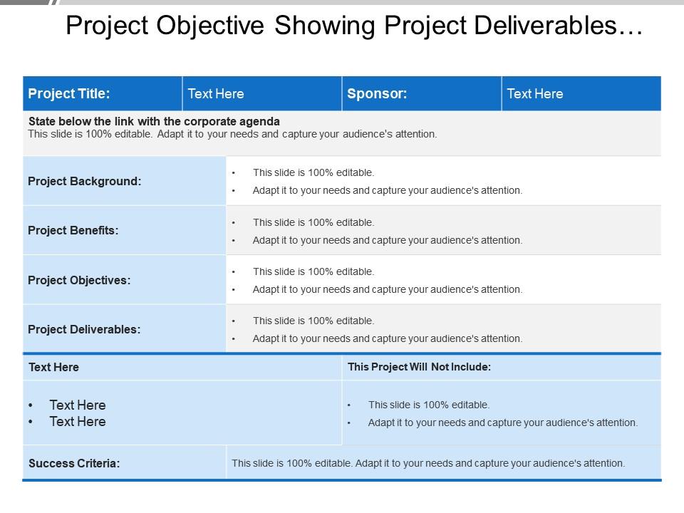 Project objective showing project deliverables and benefits Slide01