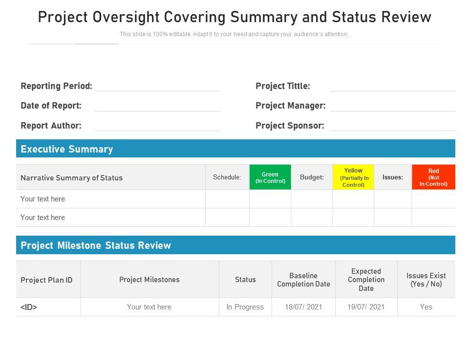 Project Oversight Covering Summary And Status Review Presentation