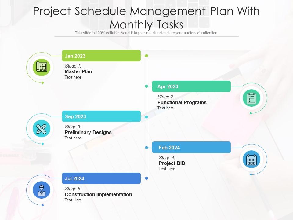 Project schedule management plan with monthly tasks Slide01