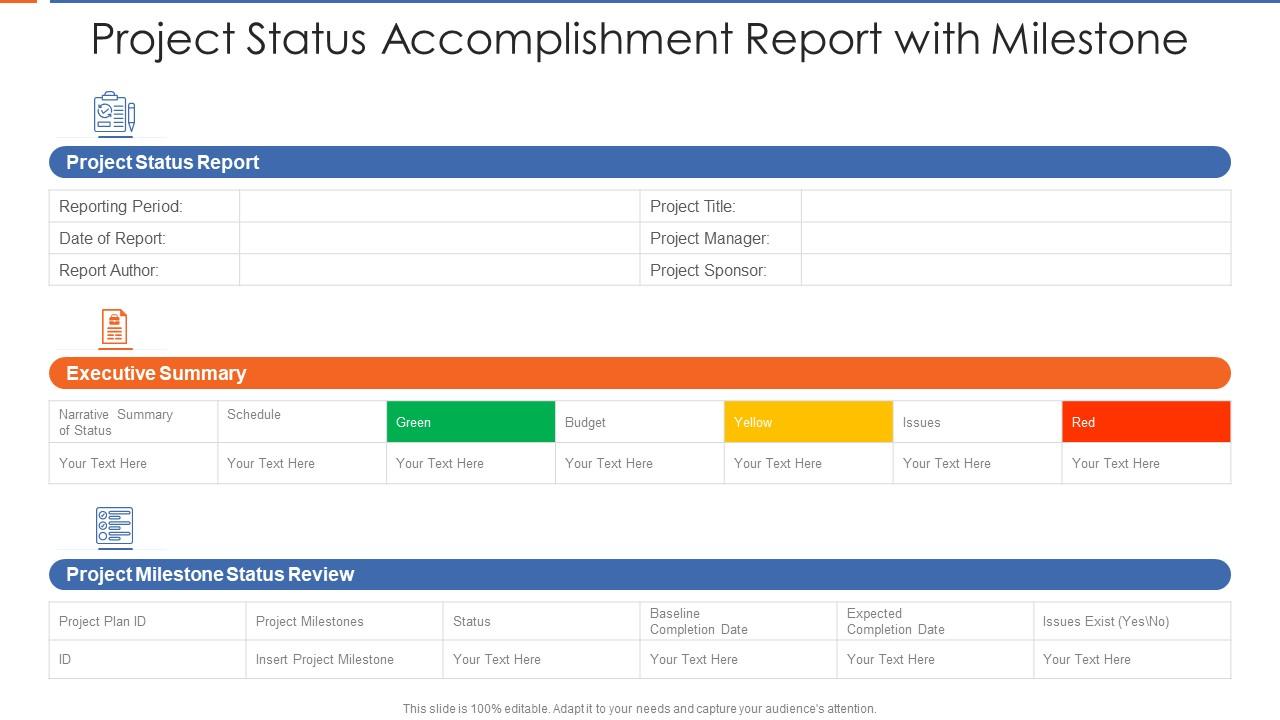 Project status accomplishment report with milestone Slide01