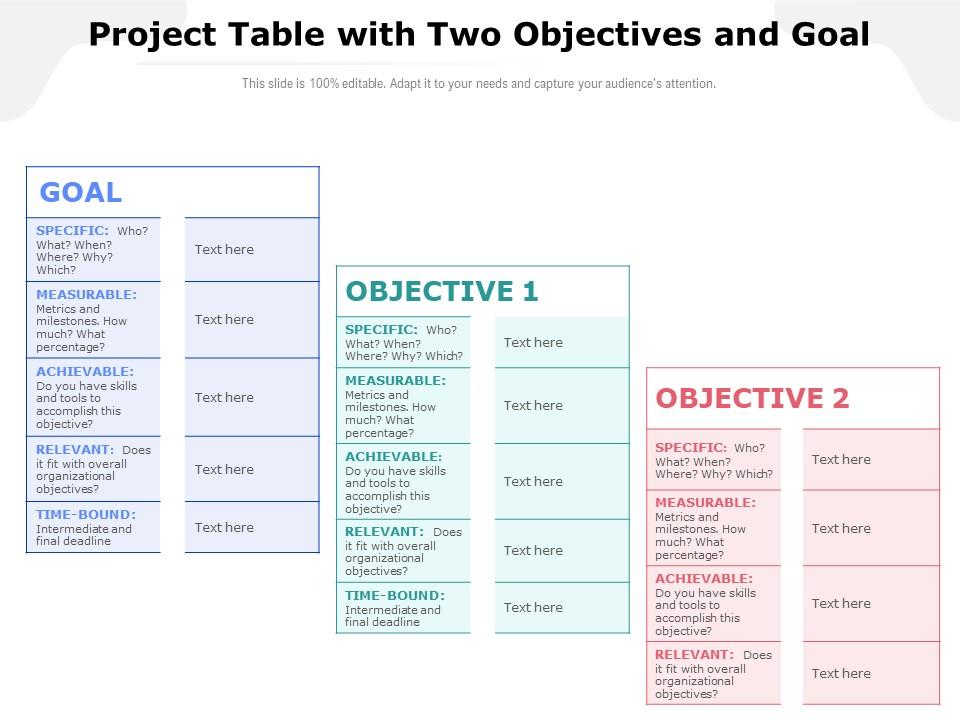 Project Table With Two Objectives And Goal Presentation PowerPoint
