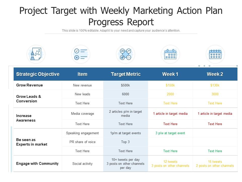 Project target with weekly marketing action plan progress report Slide01