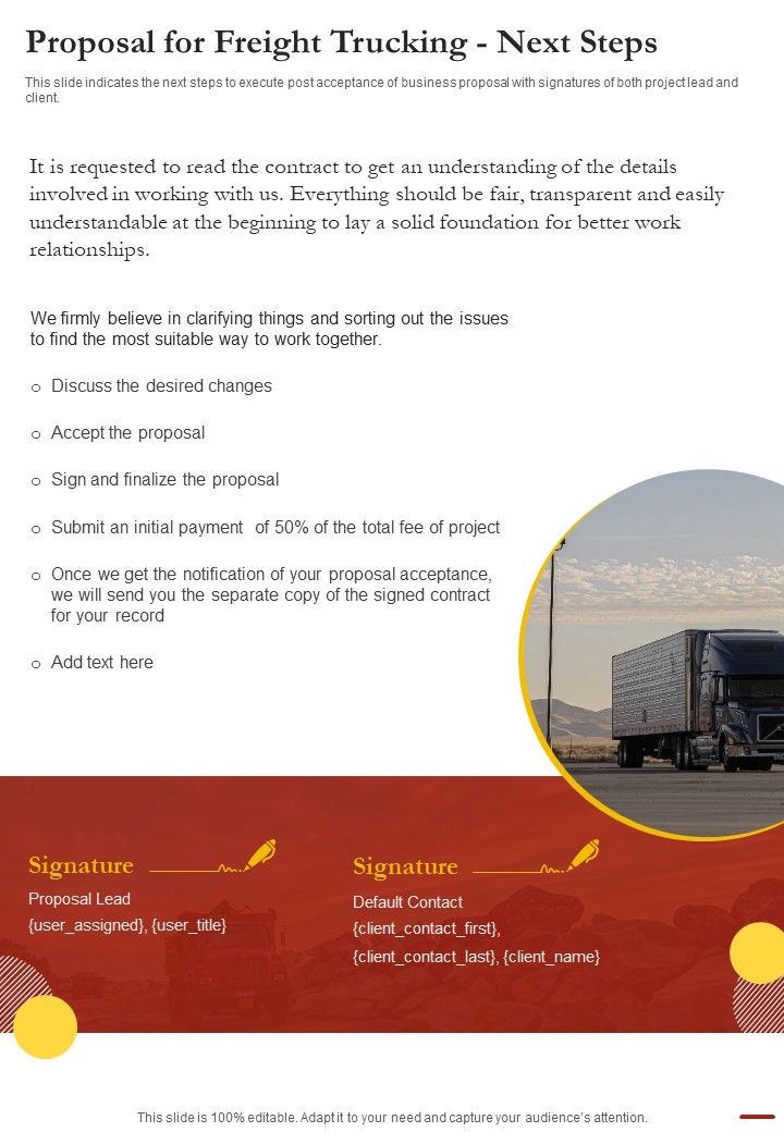 Proposal For Freight Trucking Next Steps One Pager Sample Example