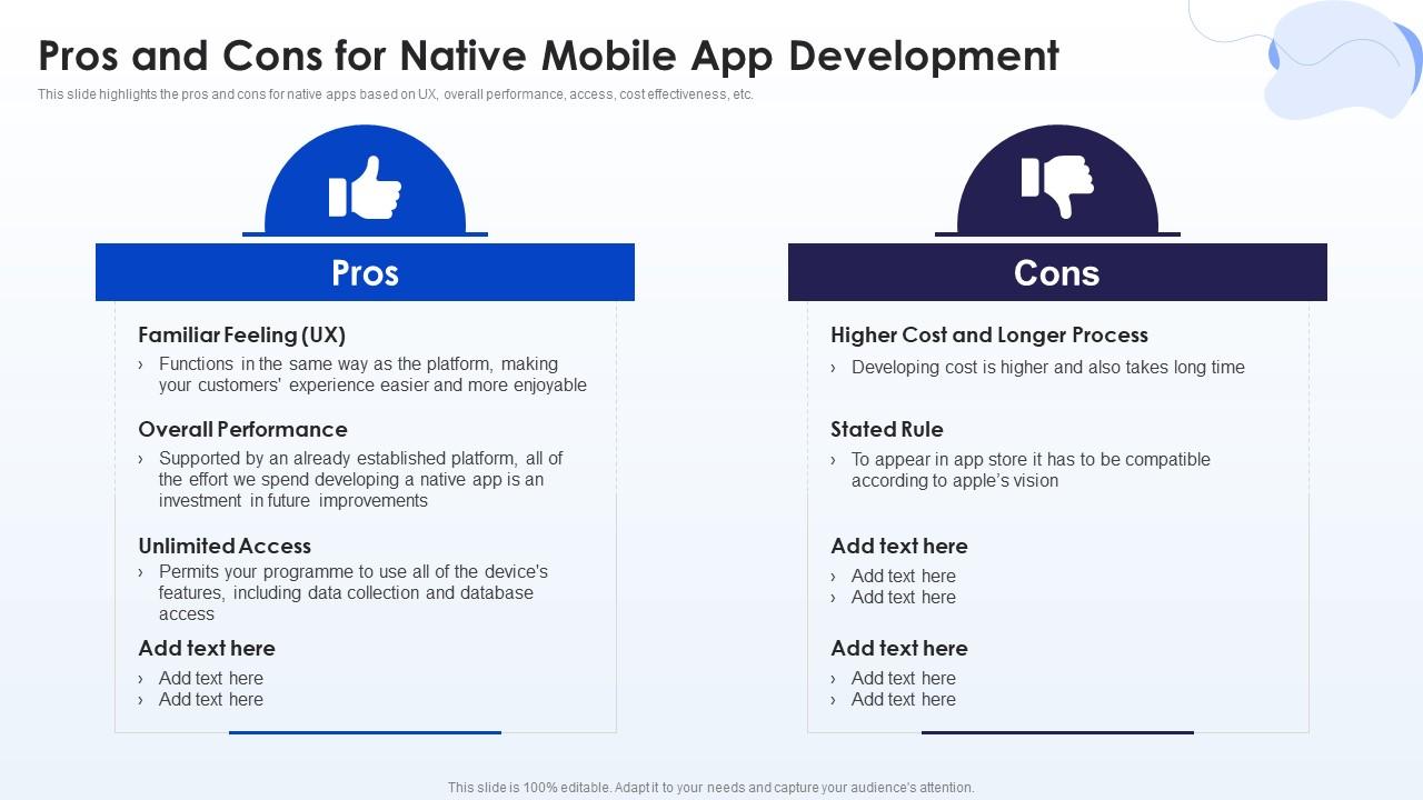 Pros And Cons For Native Mobile App Development Mobile Development Ppt Slides