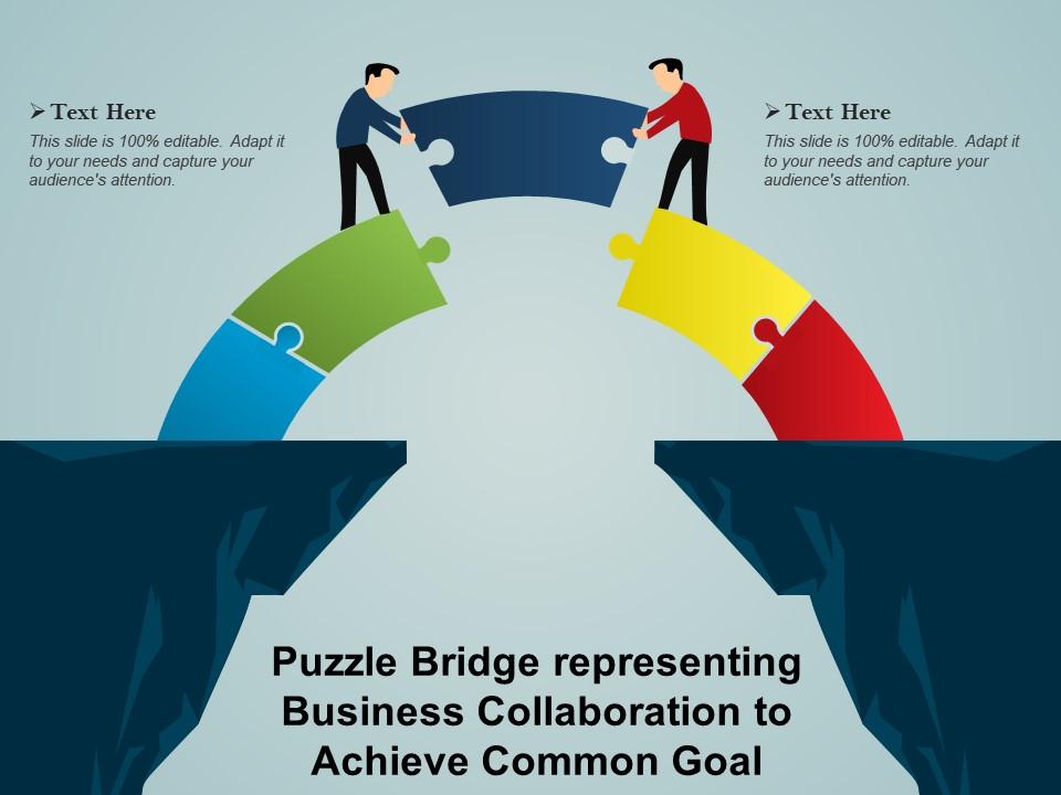 Puzzle bridge representing business collaboration to achieve common goal Slide01