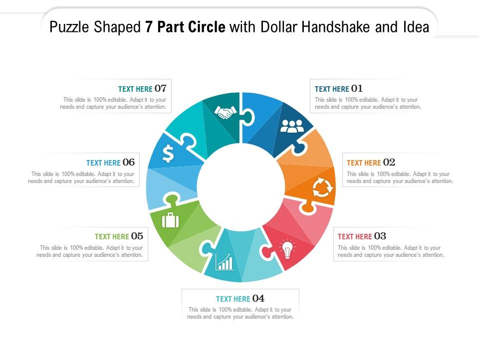Puzzle shaped 7 part circle with dollar handshake and idea
