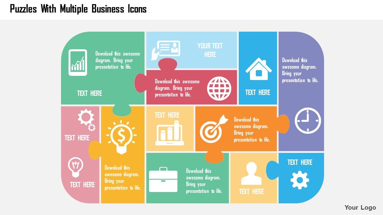 Puzzles with multiple business icons flat powerpoint design Slide01