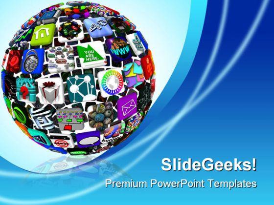 App icons in a sphere communication powerpoint backgrounds and templates 1210 Slide00
