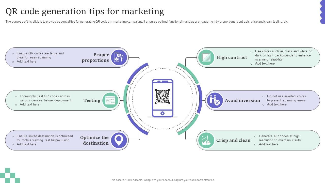 QR Code Generation Tips For Marketing PPT Slide