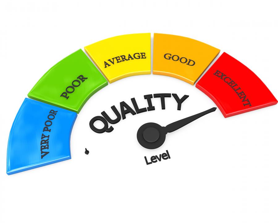 Quality meter with arrow pointing on maximum stock photo Slide01