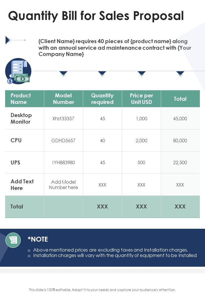 Quantity Bill For Sales Proposal One Pager Sample Example Document product-sales-proposal-pdf-product-sales-proposal-pdf-pdf-easy-to