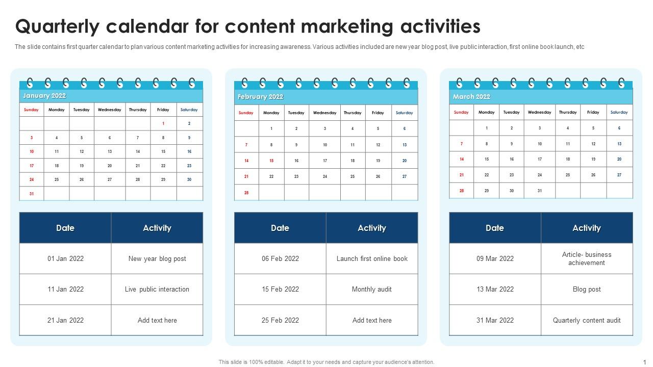 Quarterly Calendar For Content Marketing Activities PPT Template
