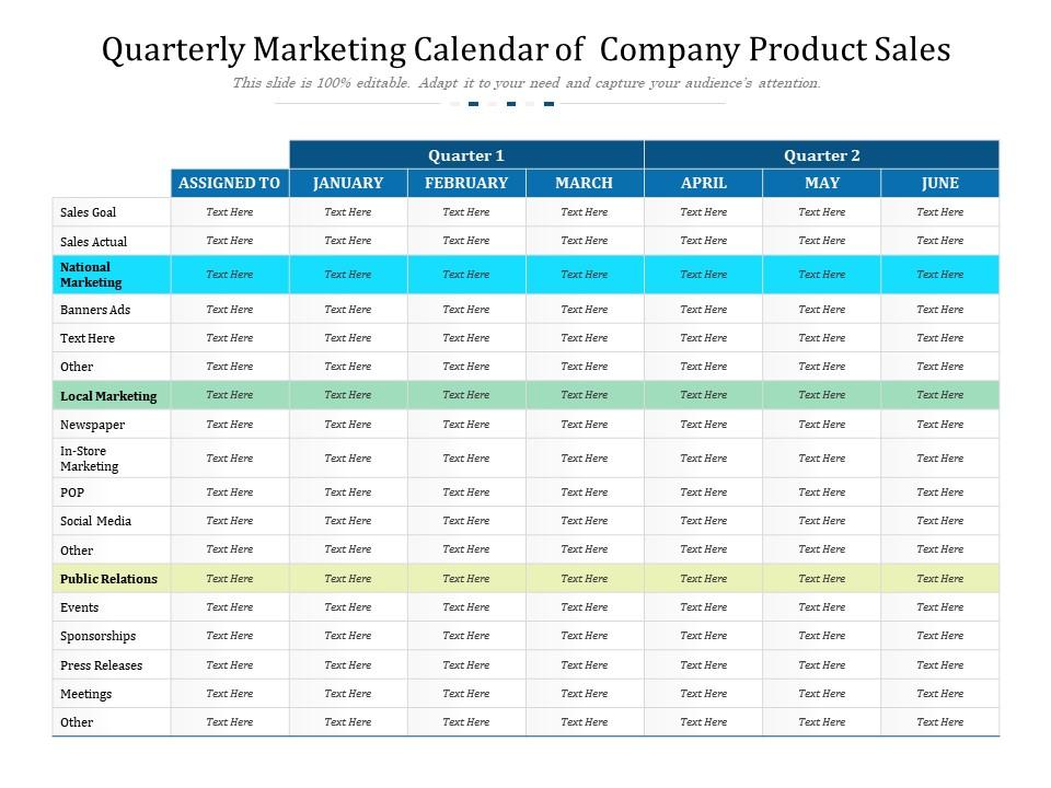 Quarterly Marketing Calendar Of Company Product Sales Presentation