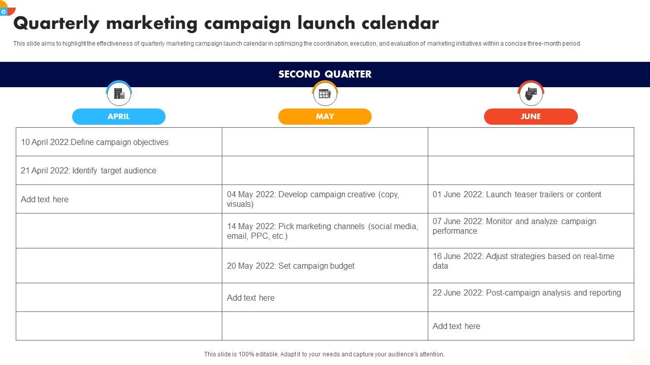 Quarterly Marketing Campaign Launch Calendar PPT Template
