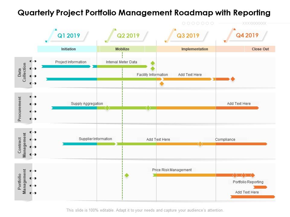 Quarterly project portfolio management roadmap with reporting Slide01