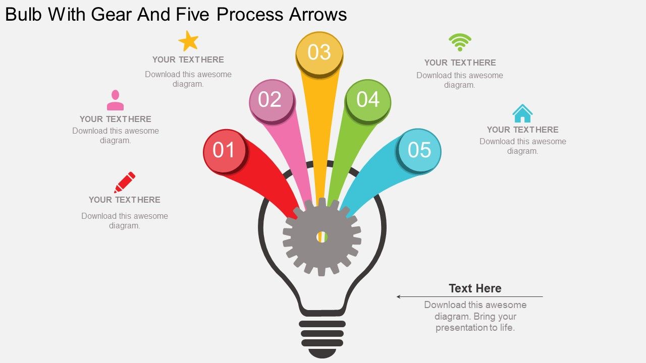 Rb bulb with gear and five process arrows flat powerpoint design Slide00