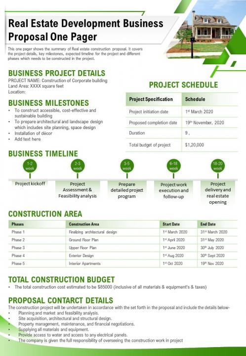 Real estate development business proposal one pager presentation report ppt pdf document Slide01
