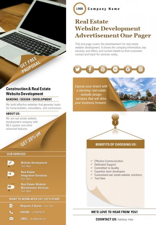 Real estate website development advertisement one pager presentation report infographic ppt pdf document Slide01