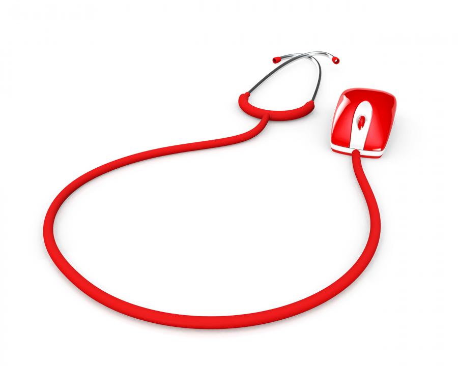 Red colored stethoscope connected mouse depicting online medical concept stock photo Slide00