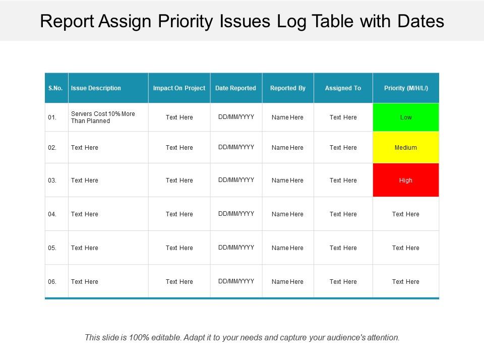 Report assign priority issues log table with dates Slide00