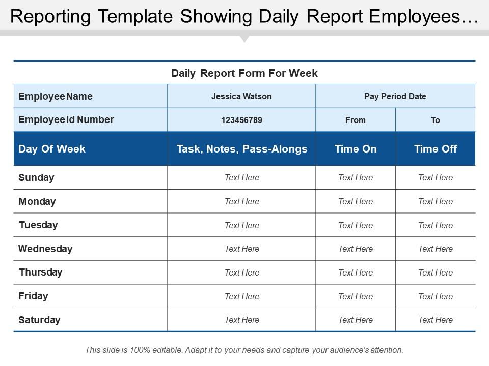 Reporting Template Showing Daily Report Employees Time On And Off PowerPoint Slides Diagrams