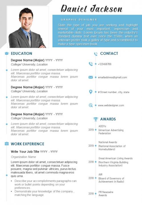 Resume template with brief summary of work experience and education Slide01
