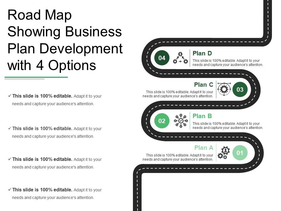 Road map showing business plan development with 4 options Slide01