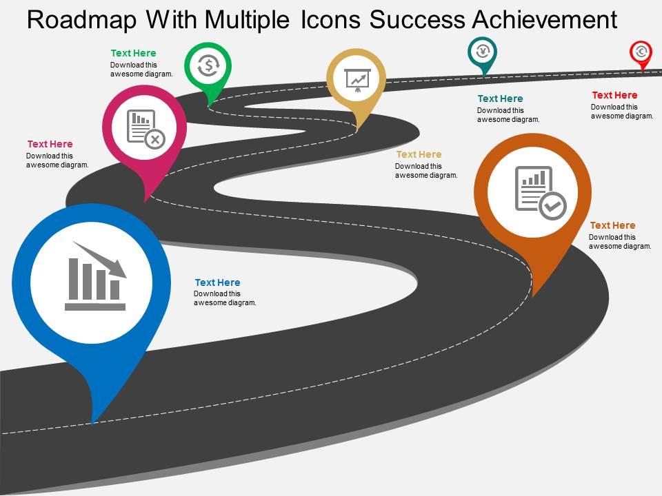 Roadmap with multiple icons success achievement flat powerpoint design Slide01