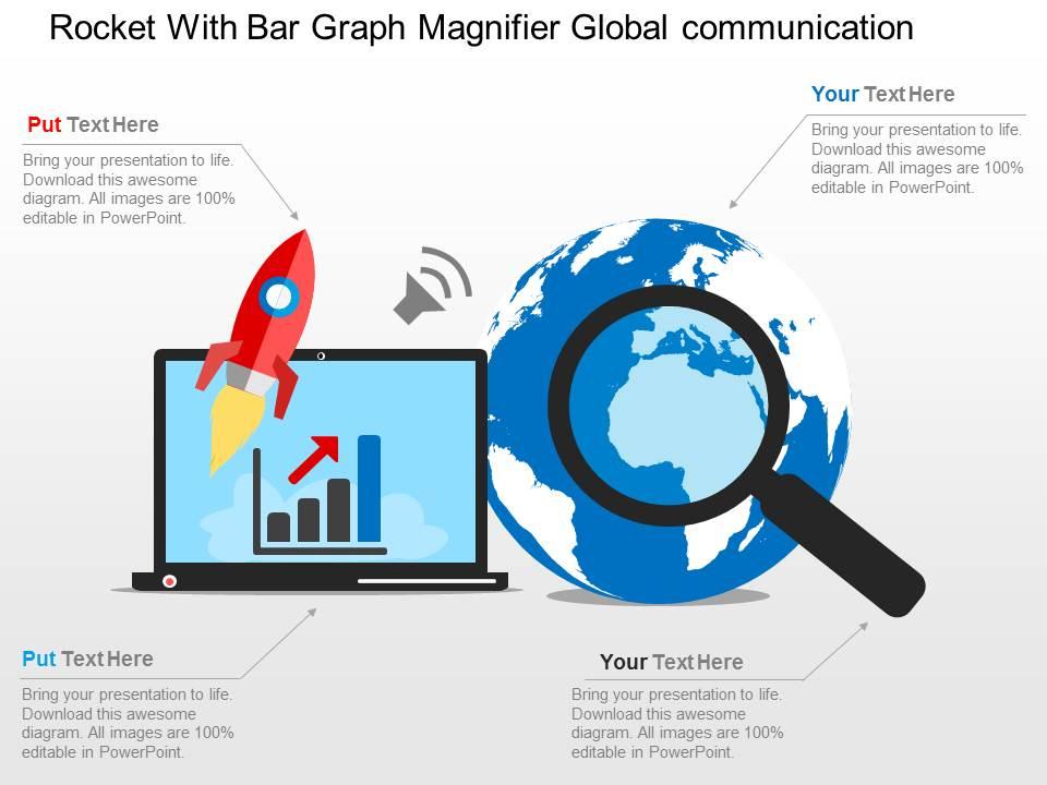 Rocket With Bar Graph Magnifier Global Communication Ppt Presentation