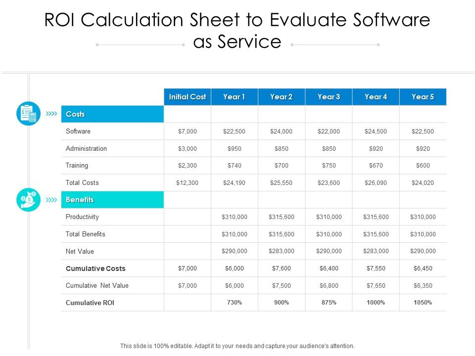 Roi calculation sheet to evaluate software as service Slide01